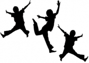 Silouetted individuals jumping and or dancing