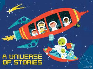 Spaceship with human children and a flying saucer with alien children holding books