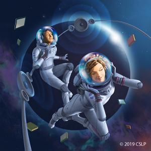 Two astronauts jammin' in outer space