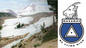 Picture of a mountain with people hiking along a ridge with the Mazama logo to the right of the picture