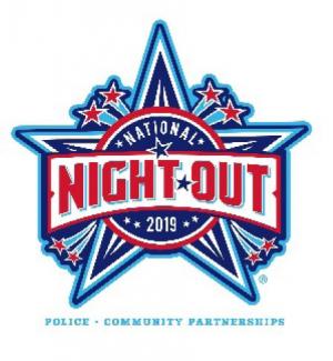 National Night Out 2019 official logo. Red, white, and blue star with wording. 